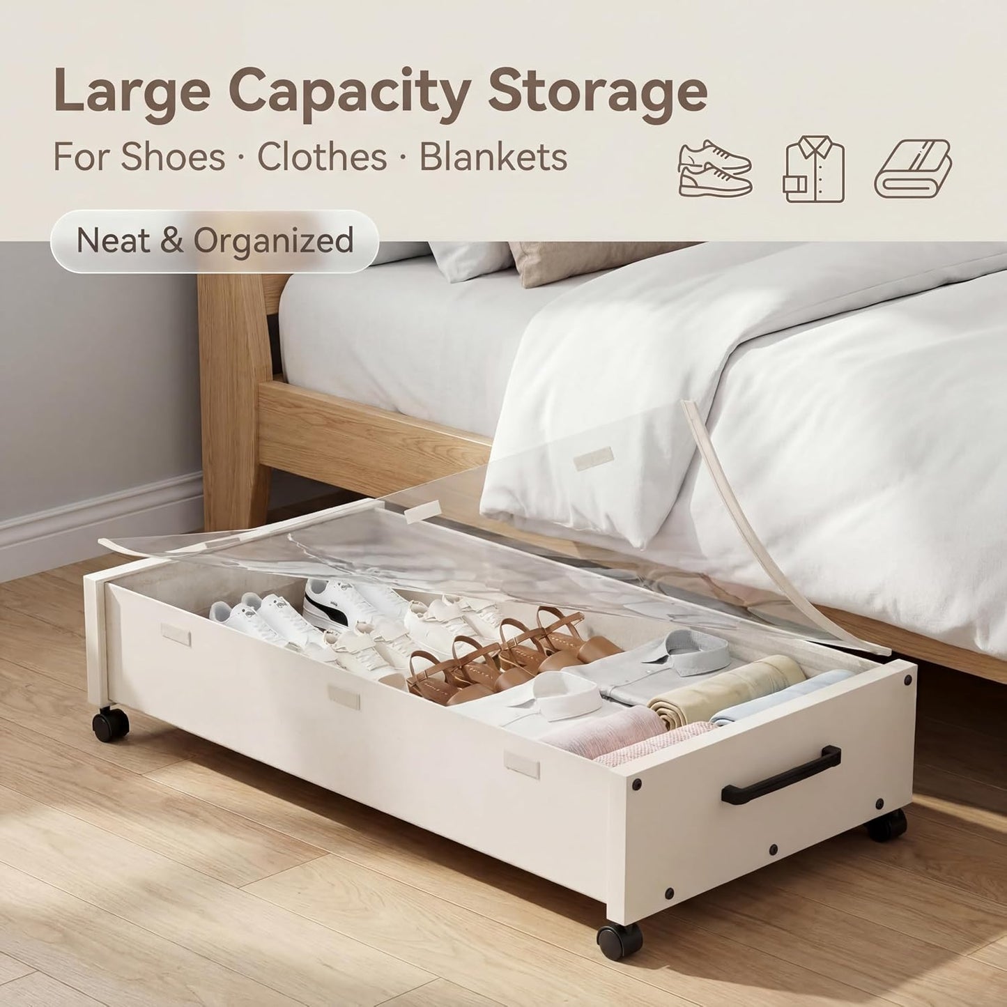 KITHELP Under Bed Storage Containers with Wheels, 2 Pack Underbed Shoe Storage Organizer with Removable Lids, Large Rolling Under Bed Storage Dresser Drawers for Clothes Toys Shoes Blankets