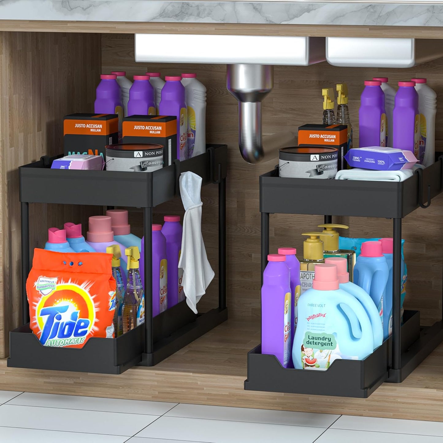 MEAFBIRD 2 Pack Under Sink Organizer, 2 Tier Bathroom Cabinet Organizer with Sliding Basket, Multi-Purpose Under Sink Organizers and Storage for Bathroom Kitchen (White 2 Pack)