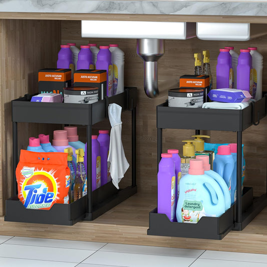 MEAFBIRD 2 Pack Under Sink Organizer, 2 Tier Bathroom Cabinet Organizer with Sliding Basket, Multi-Purpose Under Sink Organizers and Storage for Bathroom Kitchen (White 2 Pack)