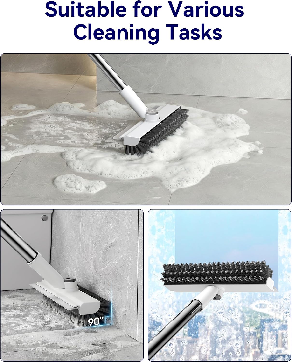 Small Floor Scrub Brush with Length Adjustable Long Handle, 3 in 1 Heavy-Duty Stiff Bristle Scrubber Brush with Squeegee and Tweezer for Cleaning Bathroom, Tile, Deck, Patio, Garage and Kitchen