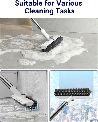 Small Floor Scrub Brush with Length Adjustable Long Handle, 3 in 1 Heavy-Duty Stiff Bristle Scrubber Brush with Squeegee and Tweezer for Cleaning Bathroom, Tile, Deck, Patio, Garage and Kitchen
