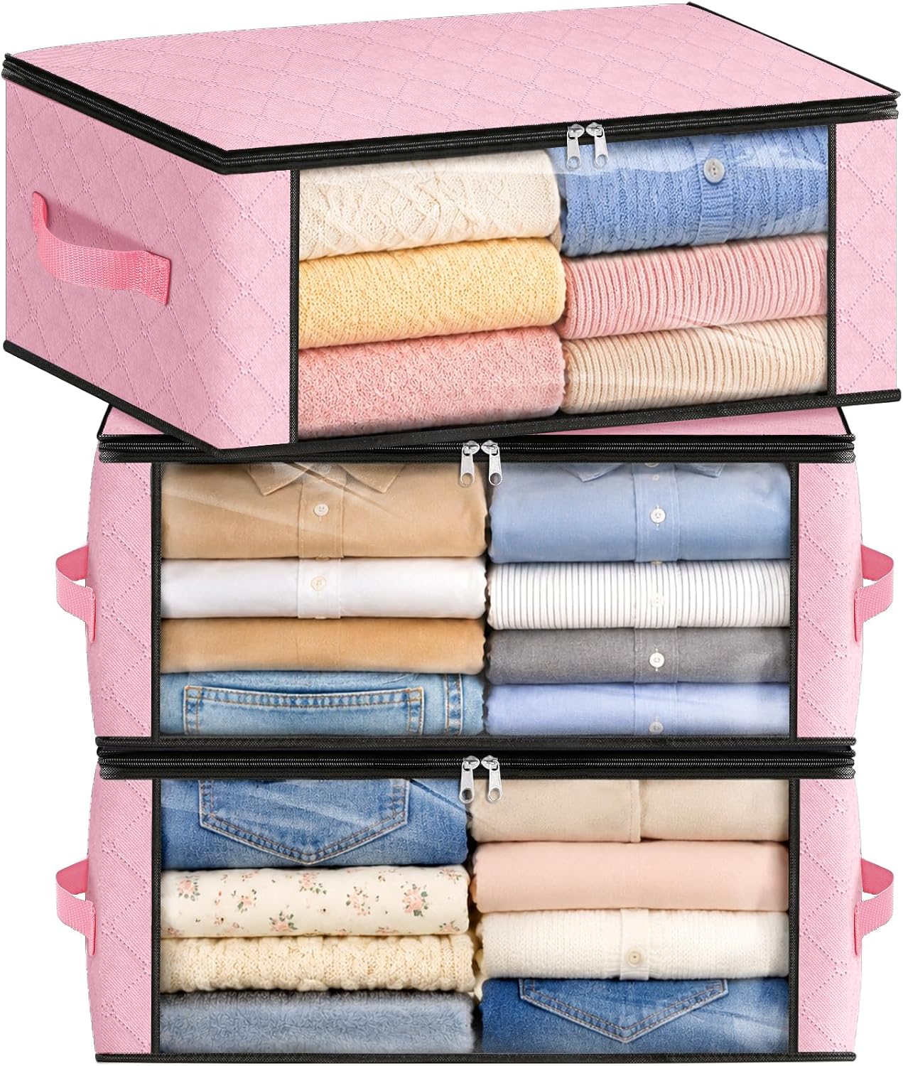 Fab totes 6 Pack Storage Bags for Clothes and Blanket, Foldable Closet Organizers and Storage with Zippers, Clear Window and Handles, Fabric Storage Bins for Sweater, Comforter, Bedding,Linen Sheets