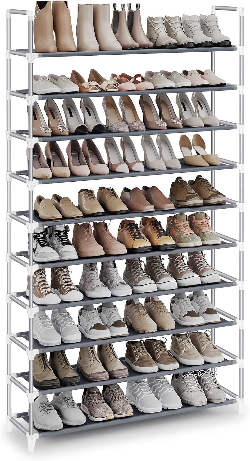 SONGMICS Shoe Rack, 10-Tier Shoe Shelf, Shoe Storage Organizer, 11 x 17.7 x 68 Inches, Metal Frame, Non-Woven Fabric Shelves, for Entryway, Bedroom, Black ULSH010B02