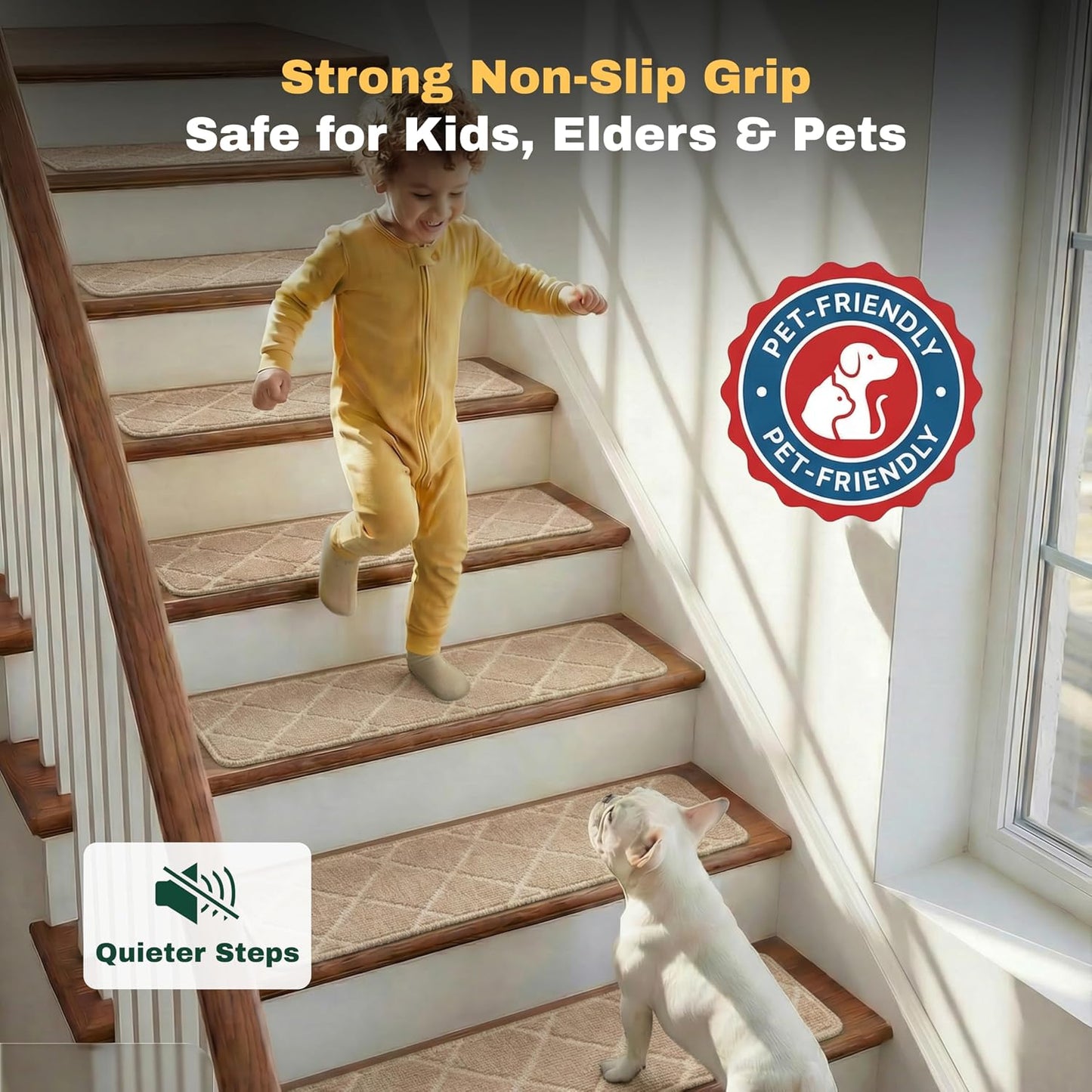 MBIGM 8" X 30" (15 in Pack) Non-Slip Carpet Stair Treads Non-Skid Safety Rug Slip Resistant Indoor Runner for Kids Elders & Pets with Reusable Adhesive - Dark Gray Diamond Weave