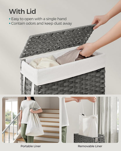 SONGMICS Laundry Hamper with Lid, 23.8 Gallon (90 L) Synthetic Rattan Clothes Laundry Basket with Lid and Handles, Foldable, Removable Liner, Chestnut Brown ULCB051K02