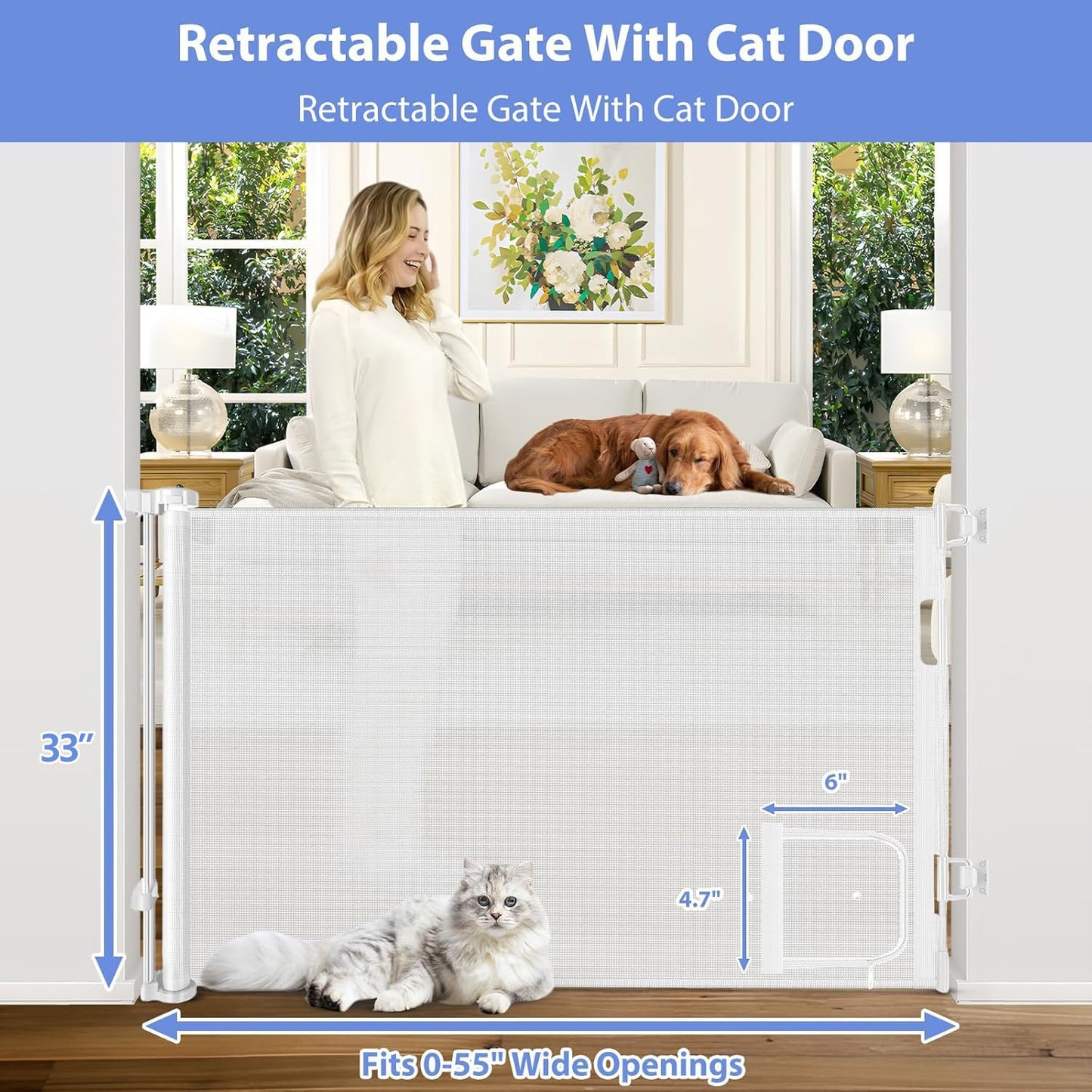 Retractable Baby Gate with Cat Door 55" Wide Retractable Baby Gate for Stairs Mesh Baby Gate with Pet Door Retractable Dog Gate for The House Retractable Pet Gate with Door Safety Gates for Toddlers