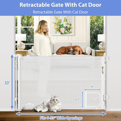 Retractable Baby Gate with Cat Door 55" Wide Retractable Baby Gate for Stairs Mesh Baby Gate with Pet Door Retractable Dog Gate for The House Retractable Pet Gate with Door Safety Gates for Toddlers