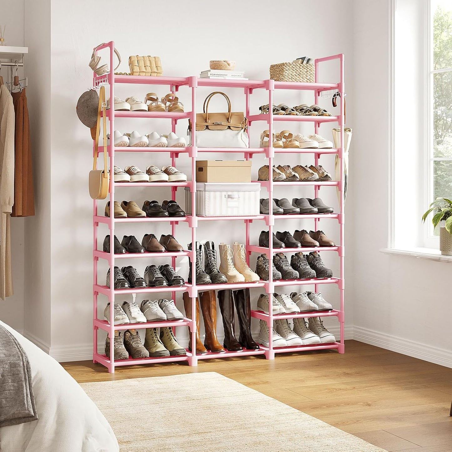 WOWLIVE 9 Tiers Large Shoe Rack Storage Organizer for Closet 50-55 Pairs Shoe Tower Unit Shelf Stackable Shoe Rack with Metal Pipes Plastic Connectors Black(SSS3B9)