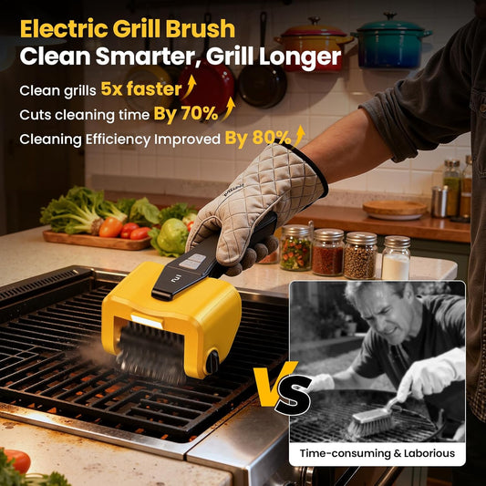 Grill Brush - 4000mAh Electric Grill Brush for Outdoor Grill with Dual-Speed Motor, No Bristle Shedding BBQ Brush Cleaner, Dishwasher-Safe, 90 Mins Working Time with LED Light, As a Ideal Gift