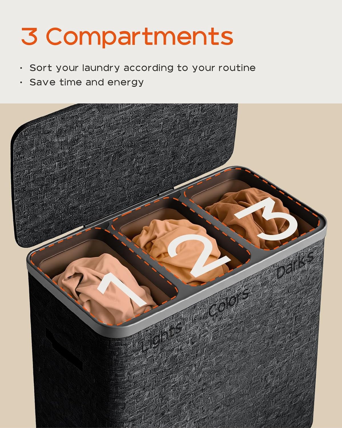 CASAMAYA Laundry Basket with Lid, Laundry Hamper 3 Section, 190L collapsible Laundry Organizer, Easy Assembly, with Handles and Removable Liners, 25.2 x 15.7 x 29.5 Inches, Beige JSP904M