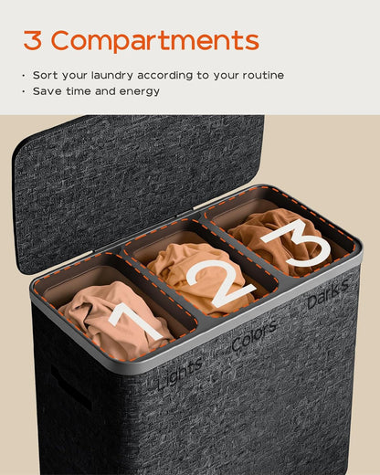 CASAMAYA Laundry Basket with Lid, Laundry Hamper 3 Section, 190L collapsible Laundry Organizer, Easy Assembly, with Handles and Removable Liners, 25.2 x 15.7 x 29.5 Inches, Beige JSP904M