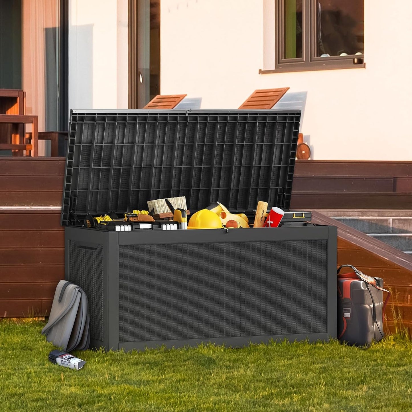 Outdoor Storage Box, 320 Gallon Waterproof Deck Box [Upgraded 3.0], Dual Gas-Spring Ultimate Resin Organizer for King Cushions, Heavy-Duty Lockable Estate Storage Bench, Backyard BBQ, Black