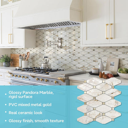 STICKGOO 10 Sheets Peel and Stick Backsplash, Polished Dolomite PVC Mixed Metal Gold Kitchen Backsplash, Stick on Backsplash Wall Tiles for Kitchen, Bathroom, RV