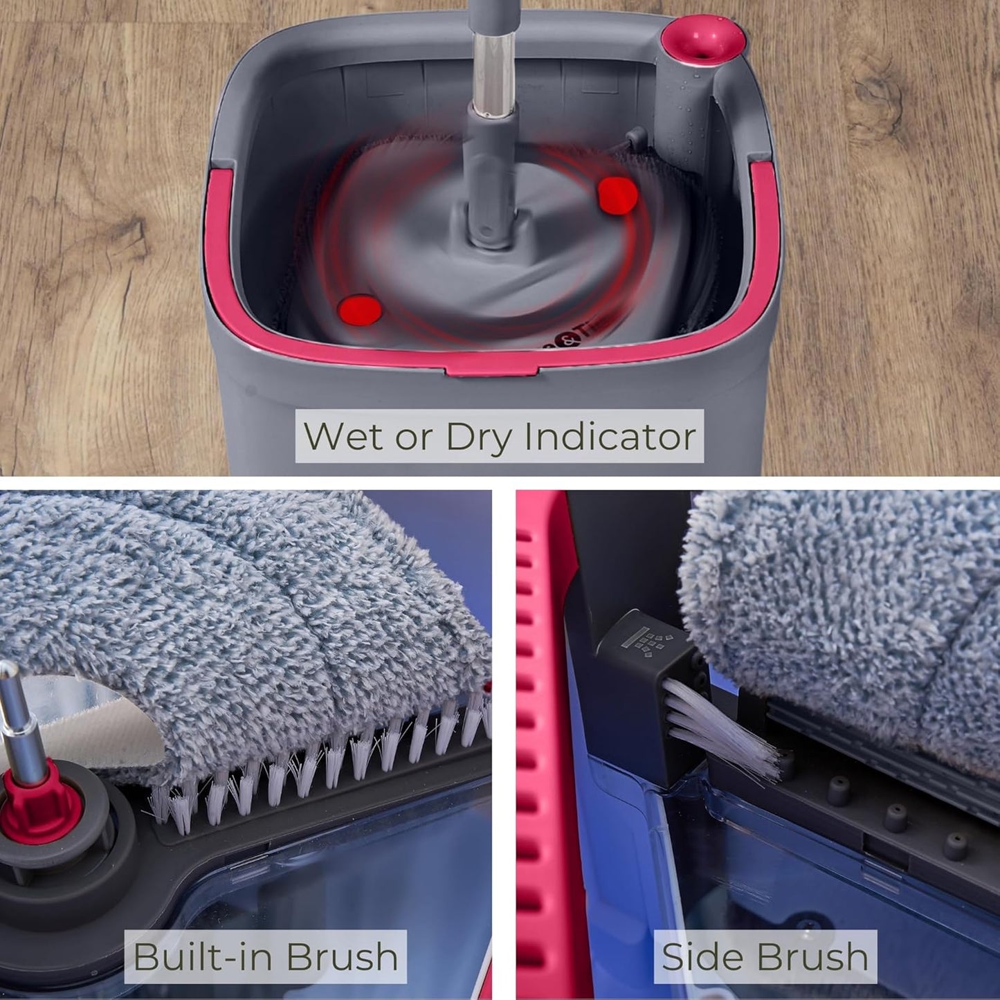 TRUE & TIDY Square Spin Mop & Bucket System – Dual Chamber for Clean & Dirty Water, 360° Rotating Self-Wringing Mop with Built-in Scrub Brush, Stainless Steel Handle & 2 Reusable Microfiber Mop Pads