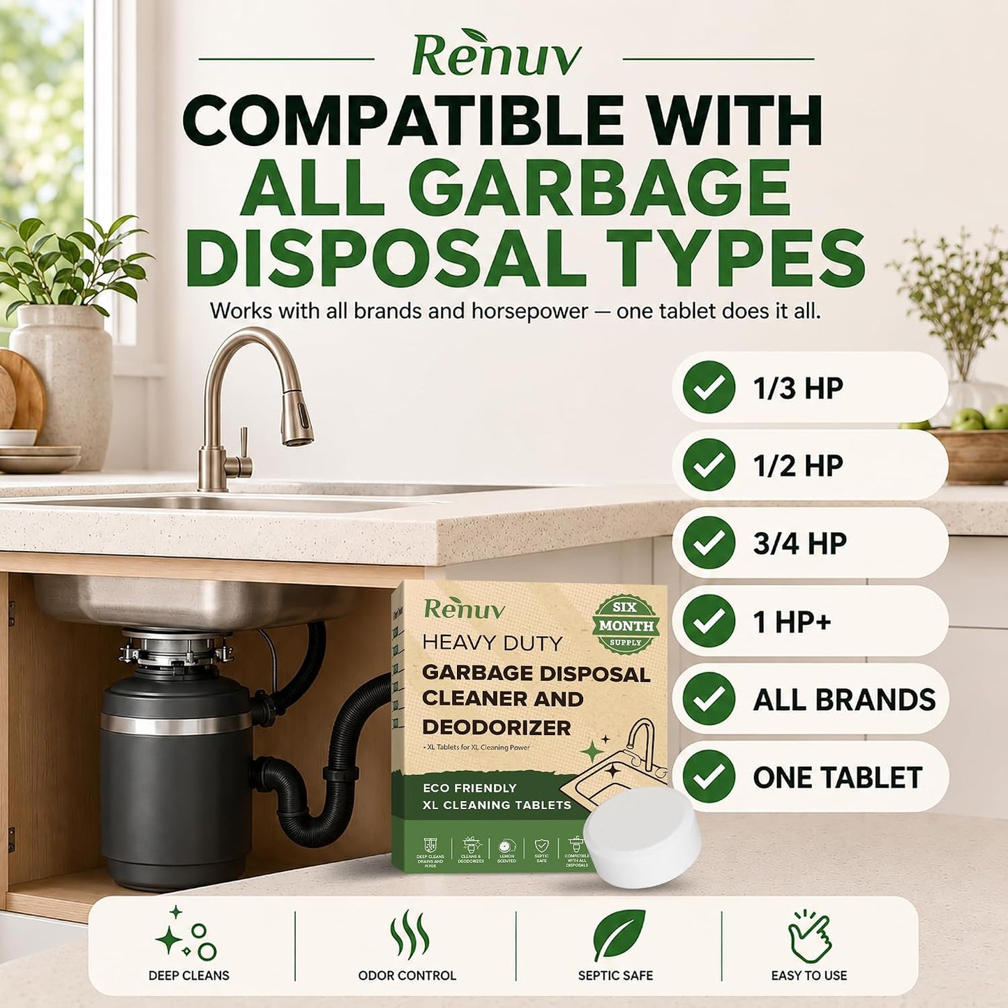 Renuv® Garbage Disposal Cleaner & Deodorizer Tablets, 12 XL Tablets | Foaming Citrus Scent, Drain Freshener, Kitchen Sink Odor Refresher For Garbage Disposer Cleaning