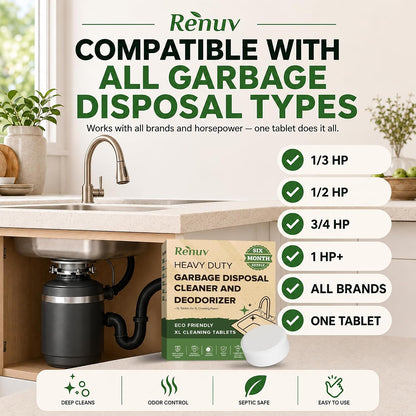 Renuv® Garbage Disposal Cleaner & Deodorizer Tablets, 12 XL Tablets | Foaming Citrus Scent, Drain Freshener, Kitchen Sink Odor Refresher For Garbage Disposer Cleaning