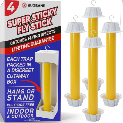Fly Stick Sticky Fly Traps for Indoors Outdoor 4pk. Non-Toxic Super Sticky Hanging Flies Catcher Paper Tape Strips for Home. Catches All Bugs and gnats. Indoor Outdoor House Flying Insect Trap.