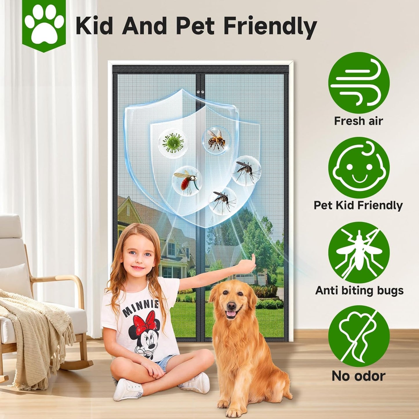 HOFUDON Upgraded Magnetic Screen Door Mesh, Full Strip Magnets, Heavy Duty Fiberglass Mesh, Door Screen Magnetic Closure for Single Door Size 32 x 80 Inch, Screen Door Size 35 x 82 Inch Black