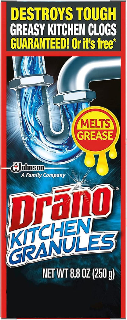 Drano Kitchen Granules Drain Clog Remover and Cleaner, Unclogs Blockage from Grease or Cooking Oil, Commercial Line, 17.6 Oz