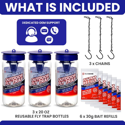 Fly Trap Outdoor Fly Traps for Patio with 2 Non-Toxic Dissolvable Bait Refills. Reusable Hanging Bug Catcher Killer for All Filth Flies for Outside Bug Control Yard Ranch. Hanging Chains Included.