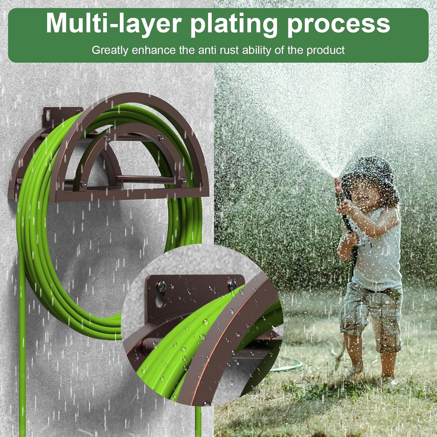 OLV Hose Holder Wall Mount, Outdoor Water Hose Holder Holds 125-ft Hose, Heavy Duty Metal Detachable Hose Hanger Reel Storage Organizer, Hose Rack for Outside Garden Lawn Yard Farm, Black