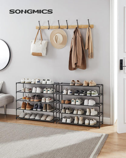 SONGMICS Shoe Rack, 2-Tier Shoe Storage Organizer, Space-Saving, 11.7 x 16.5 x 12.2 Inches, Entryway, Metal Frame, Non-Woven Fabric Shelves, Ink Black ULSH012BH01