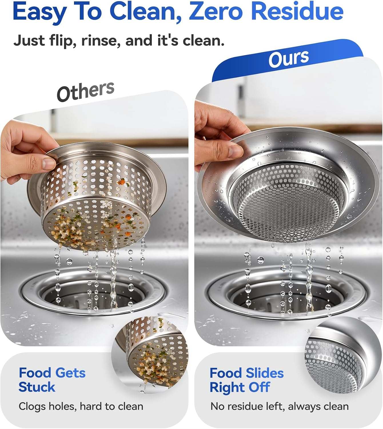 Anti-Clog Sink Drain Strainer Applicable to Different Kitchen Drains, Safe Design Stainless Steel Kitchen Sink Strainer, Drain Cover Filter Food Catcher Basket Easy to Clean - Inner Diameter 2.95 Inch