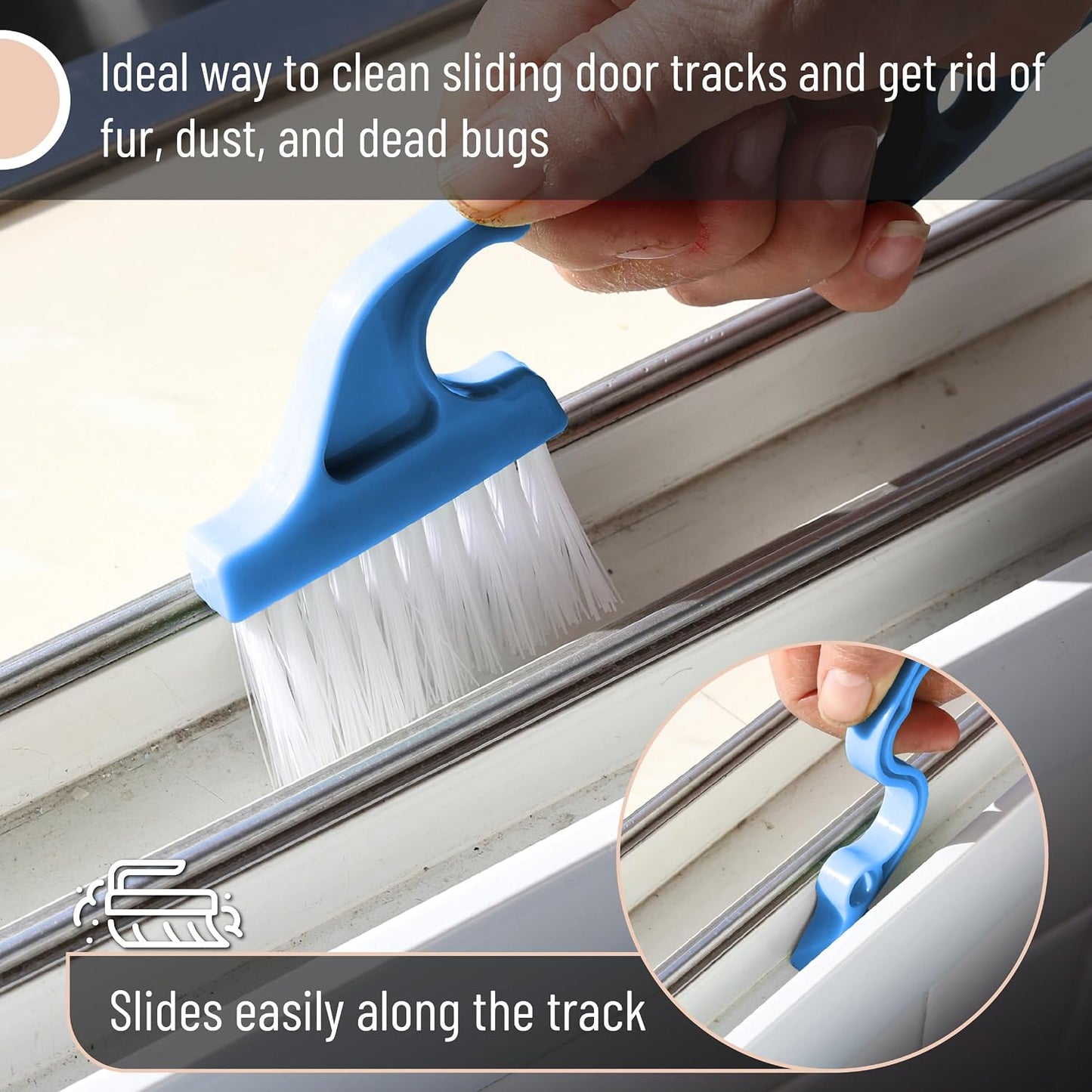 Slick- Window Track Cleaning Brush, 2 Pack, Blue Ergonomic Handle | Built-in Scraper, Multipurpose Window Track Cleaning Tool for Sliding Doors, Windows, Corners, Dust, Dirt & Narrow Gaps