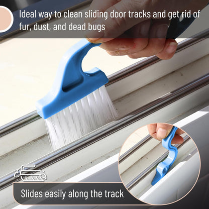 Slick- Window Track Cleaning Brush, 2 Pack, Blue Ergonomic Handle | Built-in Scraper, Multipurpose Window Track Cleaning Tool for Sliding Doors, Windows, Corners, Dust, Dirt & Narrow Gaps