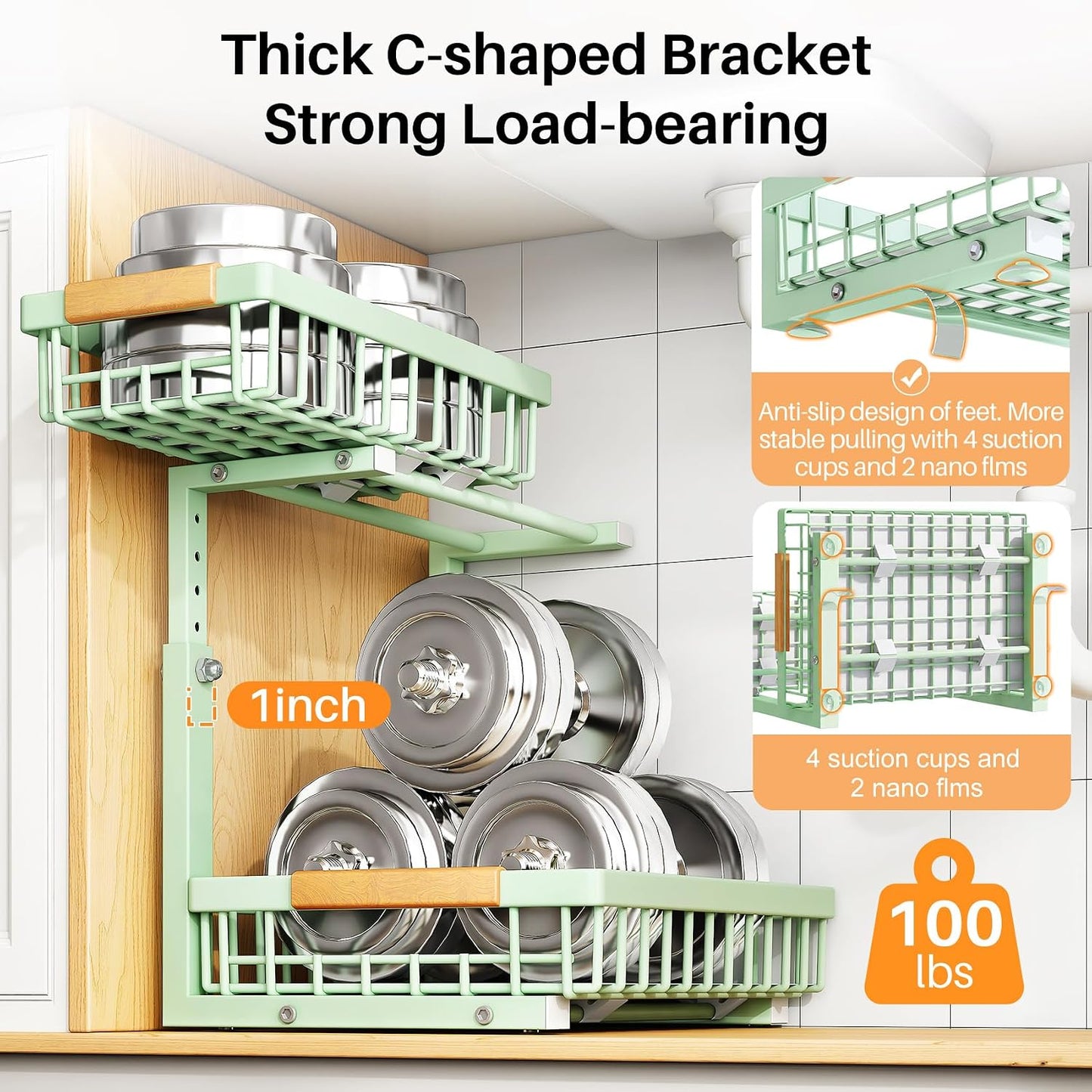 PXRACK Under Sink Organizer, Adjustable Height, 2 Tier Pull Out Under Cabinet Organizer, Slide Out Thickened Metal Under Sink Storage for Kitchen Bathroom Laundry Pantry Cabinet, White, Large-1-Pack