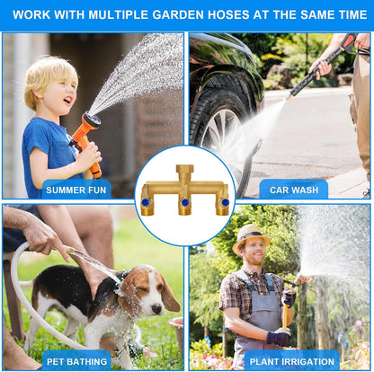 Brass Garden Hose Splitter 2-Way Heavy Duty - 3/4" GHT Threads with 2×304 Stainless Steel Handles, High Flow Design for Efficient Water Distribution