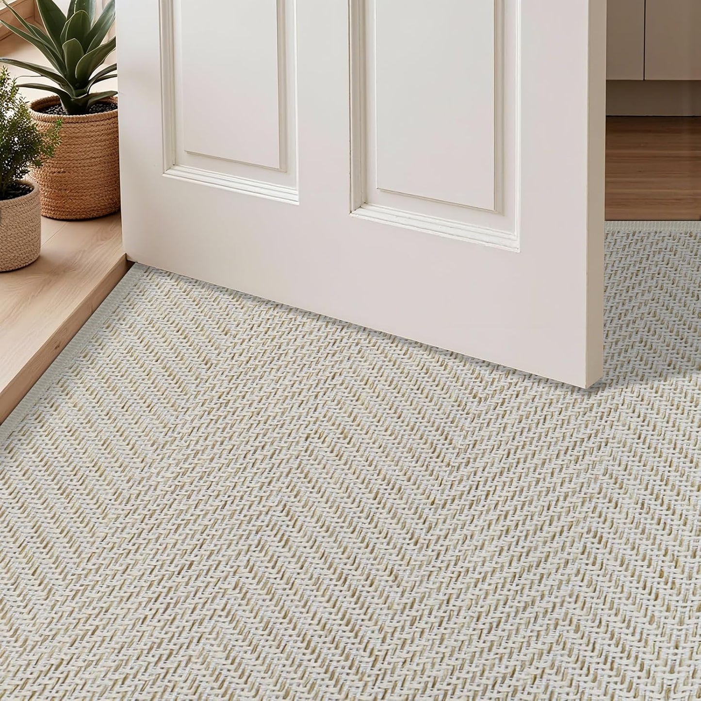 Ultra Thin Indoor Door Mat 24"x36", Washable Door Mat Indoor Entrance, Non Slip Rubber Backing Doormat Low-Profile Inside Entryway Mat, Unique Herringbone Design Entry Mat, Khaki (FOLD)