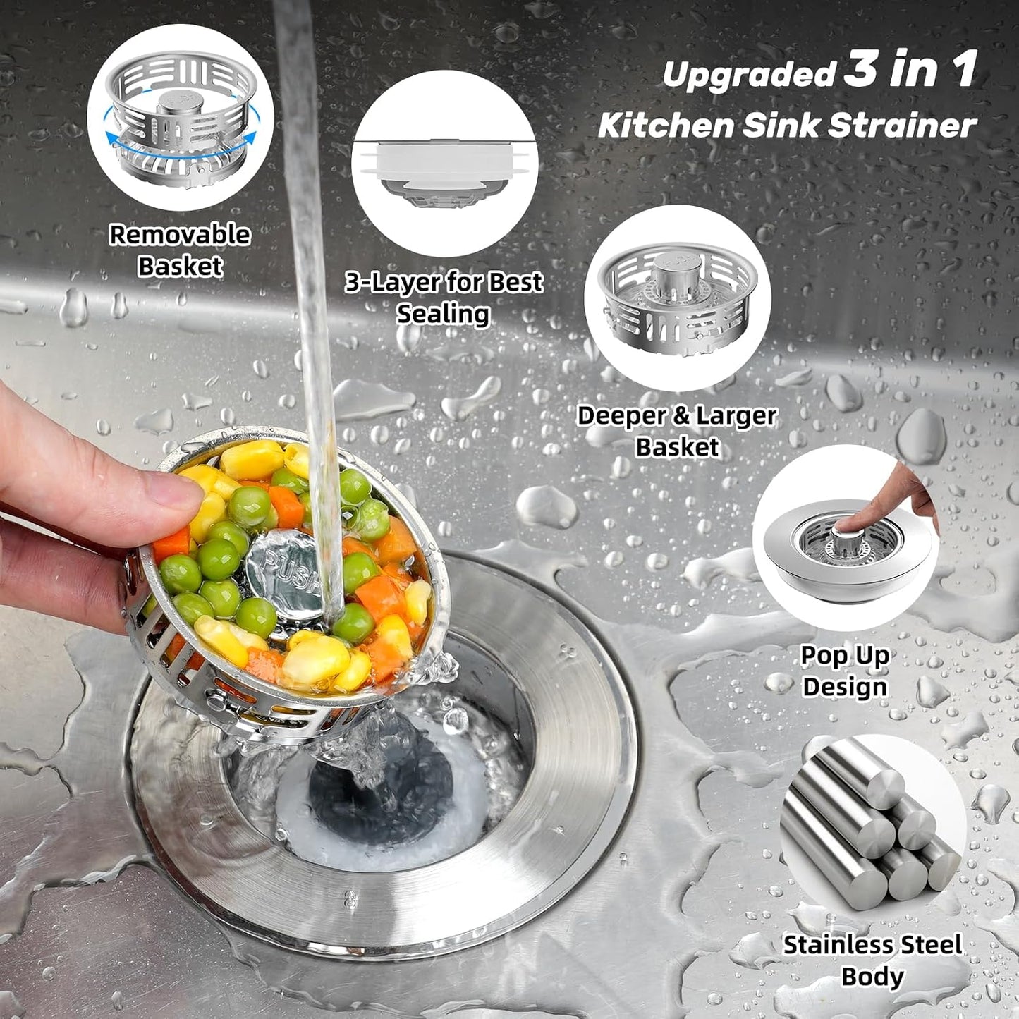 Hibbent Upgraded 3 in 1 Kitchen Sink Drain Strainer, Stainless Steel Pop Up Sink Stopper, Larger Anti-Clogging Basket, 3-Layer Seal, Detachable Drain Plug for US Standard 3-1/2" Drain, Brushed Nickel