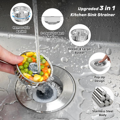 Hibbent Upgraded 3 in 1 Kitchen Sink Drain Strainer, Stainless Steel Pop Up Sink Stopper, Larger Anti-Clogging Basket, 3-Layer Seal, Detachable Drain Plug for US Standard 3-1/2" Drain, Brushed Nickel