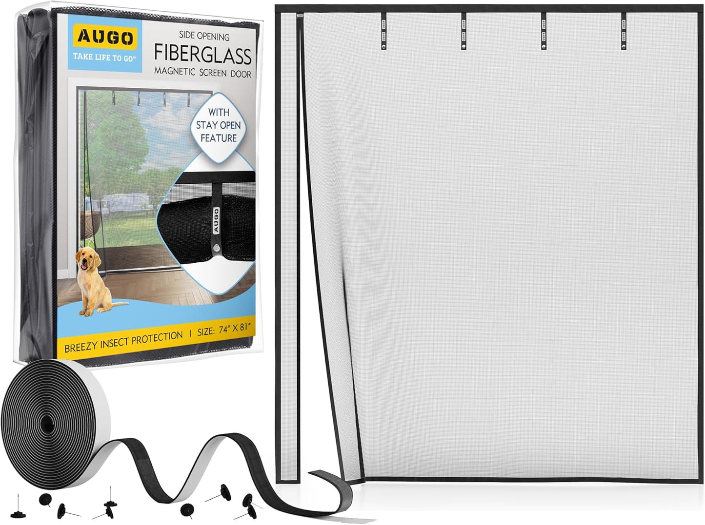 AUGO Heavy Duty Magnetic Screen Door – Fiberglass Pet Resistant Mesh, Self Sealing Hands Free Magnetic Closure, Tear Resistant Door Screen Keeps Bugs Out, Patent Pending Keep Open Feature – 38” x 83”