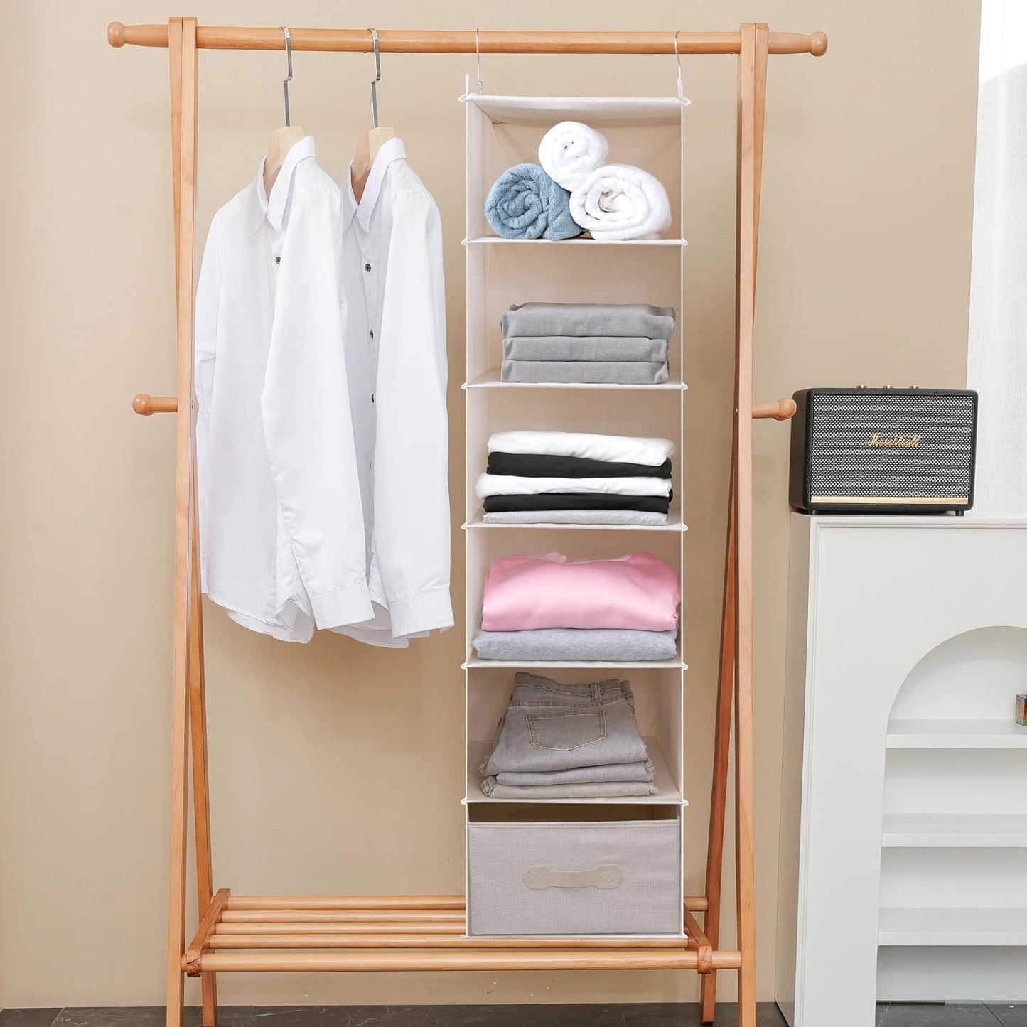 Large Hanging Sweater Organizer for Closet,Collapsible 6-Shelf Hanging Closet Shelves with Drawers, Washable (Grey-6 Shelf)