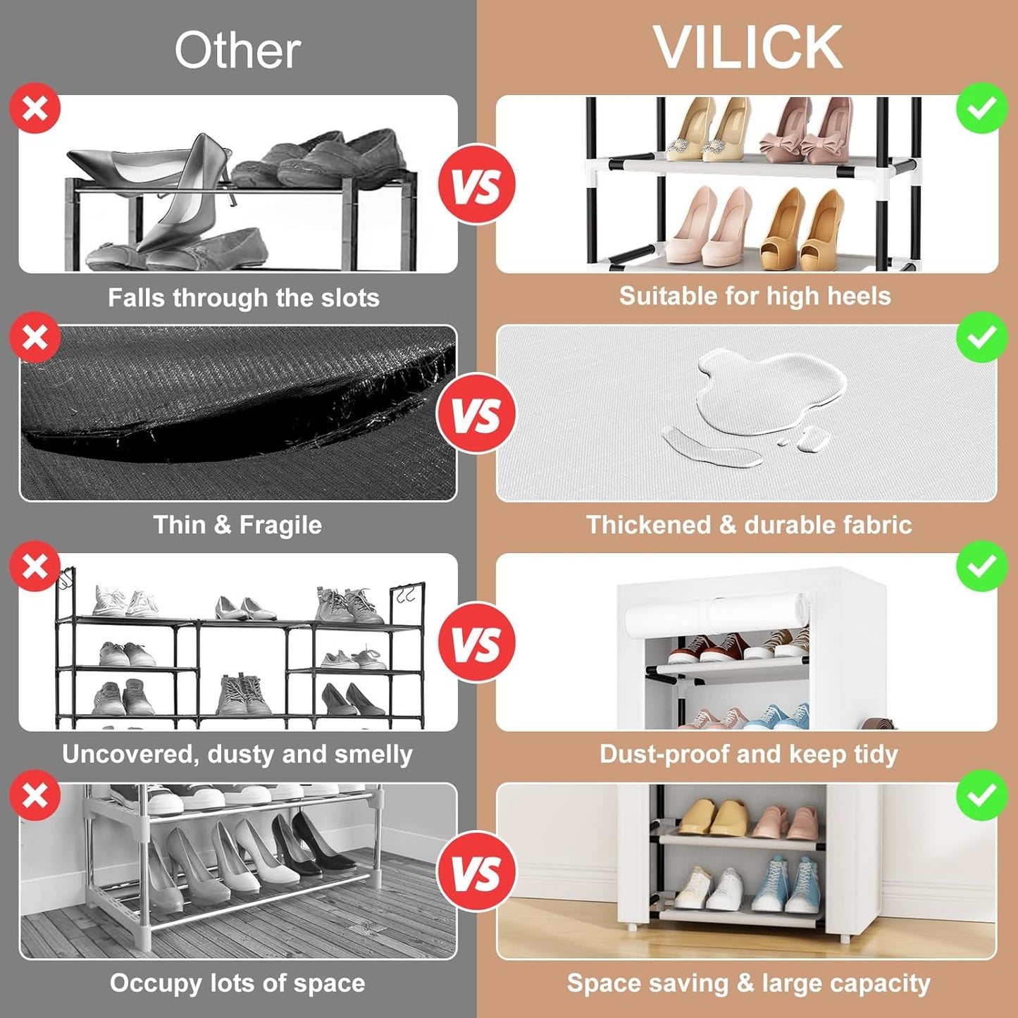 VILICK Shoe Rack with Cover Narrow Shoe Organizer with 4 Side Pockets 10 Tier Tall Shoe Storage Holds 18-22 Pairs Shoes and Boots Shoe Rack for Closet Entryway Garage