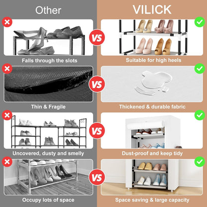 VILICK Shoe Rack with Cover Narrow Shoe Organizer with 4 Side Pockets 10 Tier Tall Shoe Storage Holds 18-22 Pairs Shoes and Boots Shoe Rack for Closet Entryway Garage