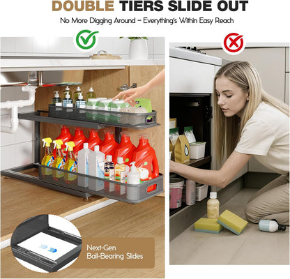 2-Pack Under Sink Storage Organizer with 2-Tier Slide Out Drawer, Sophisticated Mesh Pull Out Shelf for Kitchen & Bathroom, Fits Small Items, Upgraded Arched Track for Smooth Gliding(Patented)