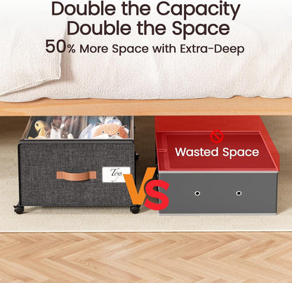 Yecaye Under Bed Storage with Wheels, 2 Pack Under Bed Storage Containers, 60L Underbed Shoe Storage with Clear Window & Label, Rolling Under Bed Metal Drawer for Clothes, Shoes, Books, Blankets