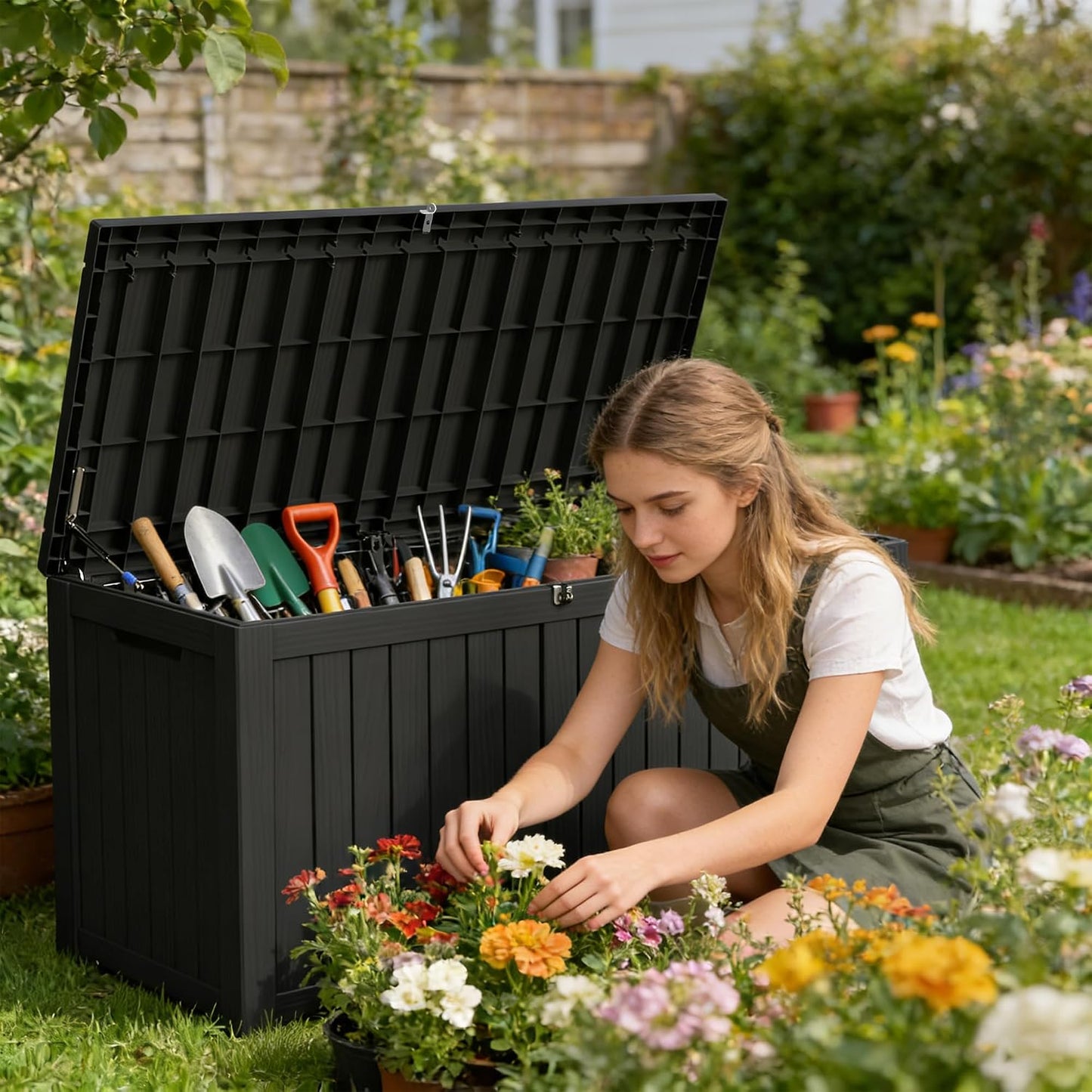 270 Gallon Outdoor Storage Box Resin Deck Box All Weather Waterproof Large Lockable Storage Container Deck Box for Patio Furniture, Garden Tools, Lockable, Black