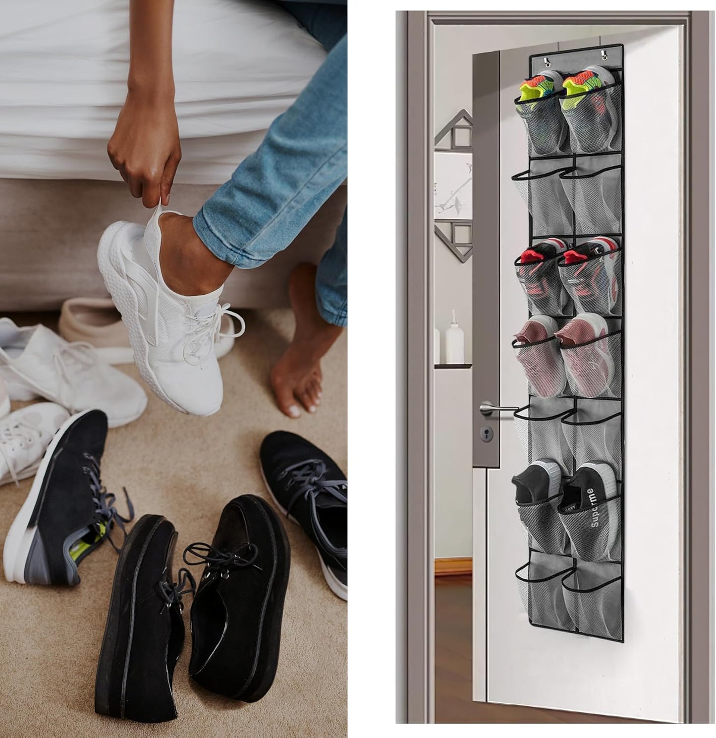 PVWSG Over The Door Shoe Organizer, 14 Large Mesh Pockets Hanging Shoe Rack for Closet Organizers and Storage, White, 2-pack (white)