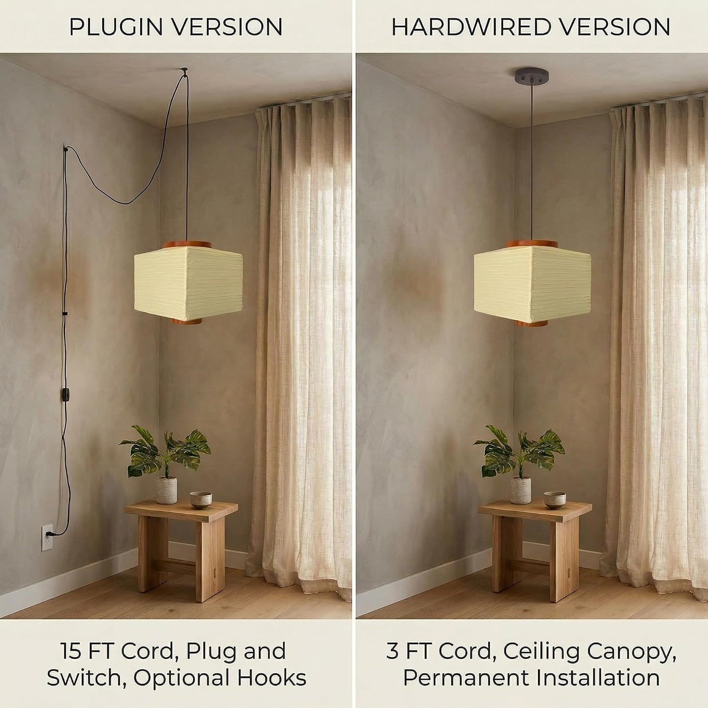 Nogy Paper Lantern Lamp Japanese Style Pendant Light - Off White Rice Hanging Paper Lamp Shade with Cord (11.5 Hardwired Square (Ceiling))