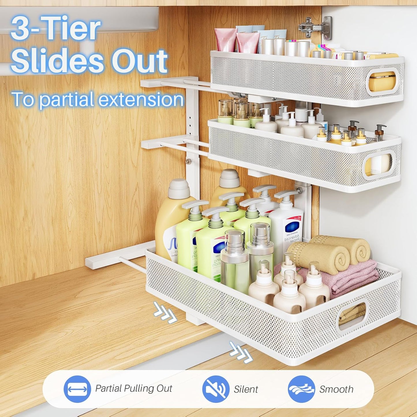 Under Sink Organizer, 2-Pack 3-Tier Thickened Metal Pull out Cabinet Organizer Shelf, Height Adjustable Slide out Storage Drawer Rack for Kitchen Bathroom Pantry Laundry Home Office Organization