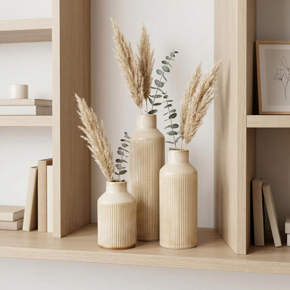 Brown Ceramic Vase Set of 3 - Rustic Farmhouse Vases for Centerpieces Small Modern Decorative Vase for Flower Kitchen Bathroom Bedroom Living Room Shelf Home Decor