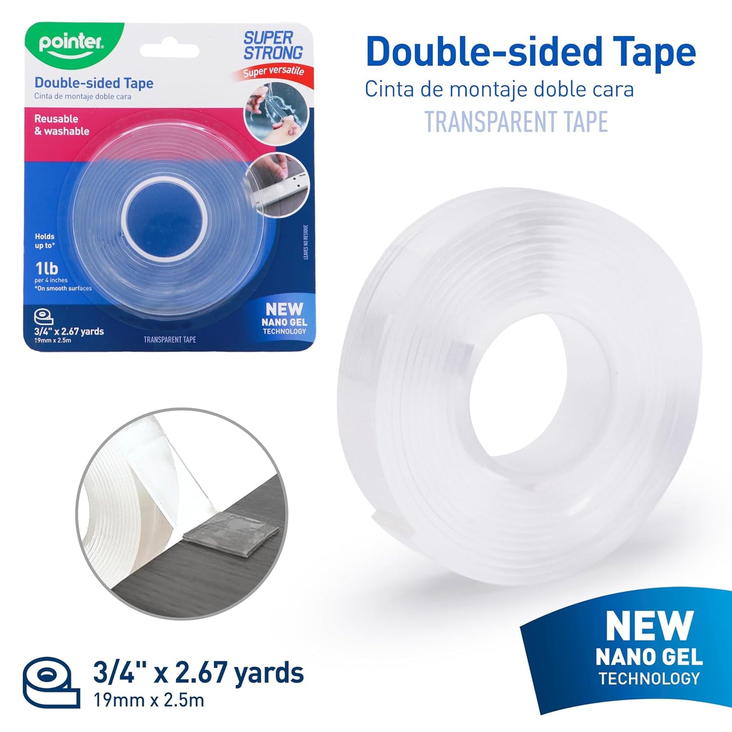Pointer Super Strong Double-Sided Tape – Transparent, Reusable & Washable, Heavy Duty Mounting Adhesive Holds 1 lb per 4 Inches, 3/4 Inch Wide x 2.67 Yards