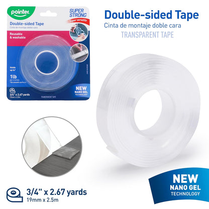 Pointer Super Strong Double-Sided Tape – Transparent, Reusable & Washable, Heavy Duty Mounting Adhesive Holds 1 lb per 4 Inches, 3/4 Inch Wide x 2.67 Yards