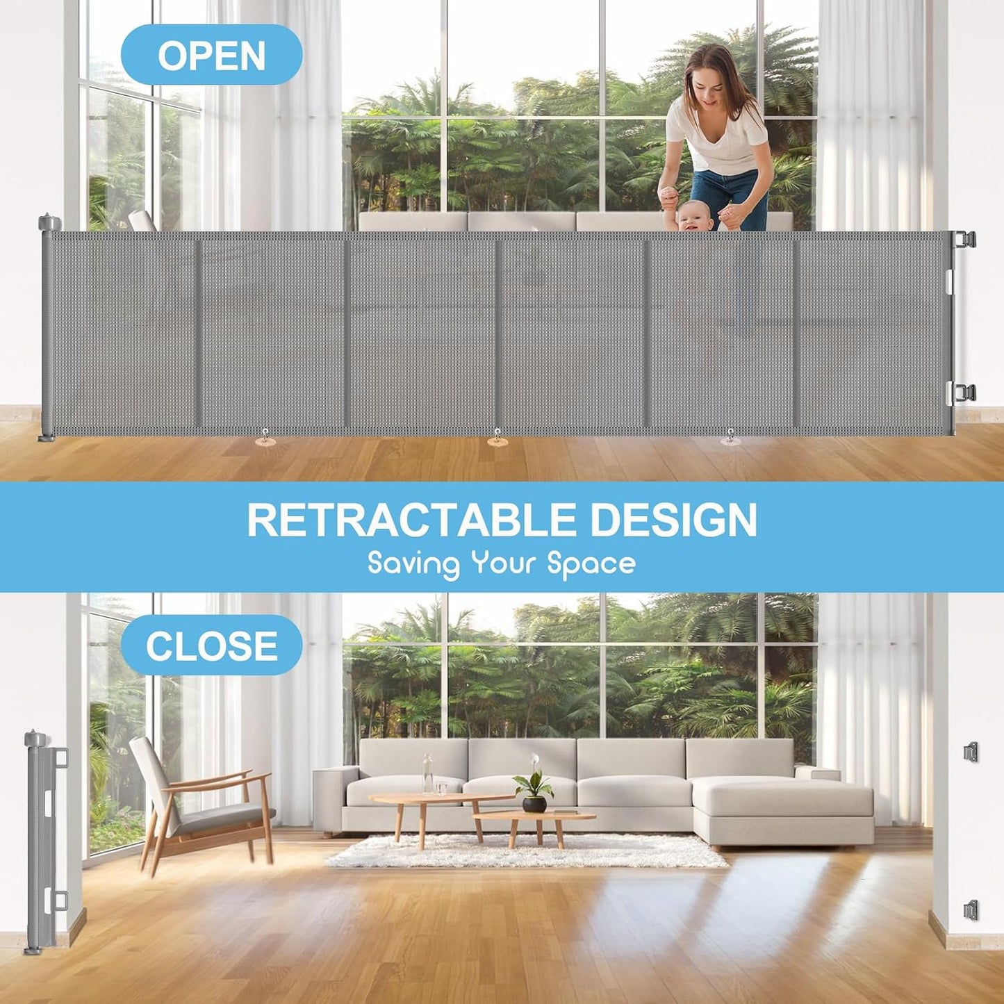 71 inch Retractable Baby Gates, EZIGO Extra Wide Baby Gate for Large Opening Extra Long Mesh Gate for Kids or Pet Dog Gate Child Safety Gate for Stairs Hallways Doorway Indoor Outdoor, Gray