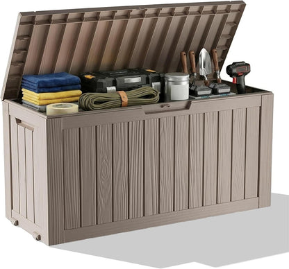 Outdoor Waterproof Resin Storage Deck Box Lockable Outside Bench UV Resistant Bin Patio Porch Furniture Pool Float Garden Tool Cushion (Black, 85 Gallon)