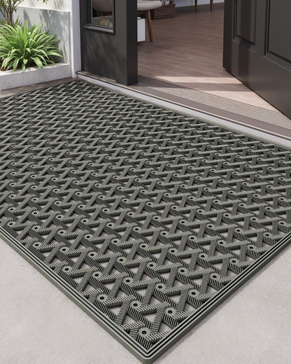 DEXI Front Door Mat Outside Entrance Rubber 19x30, Welcome Floor Doormat Heavy Duty Non Slip, Dirt Trapper Waterproof Exterior Entry Mats All Weather for Patio Entryway Drainage, Black